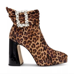NEW! Leopard Print Ankle Boots with Pearl Buckle